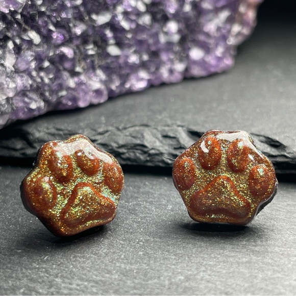 Hand Crafted Other - 2/$18 Sparkling Reddish Brown Green Golden Glitter Paw Resin Stud Earrings